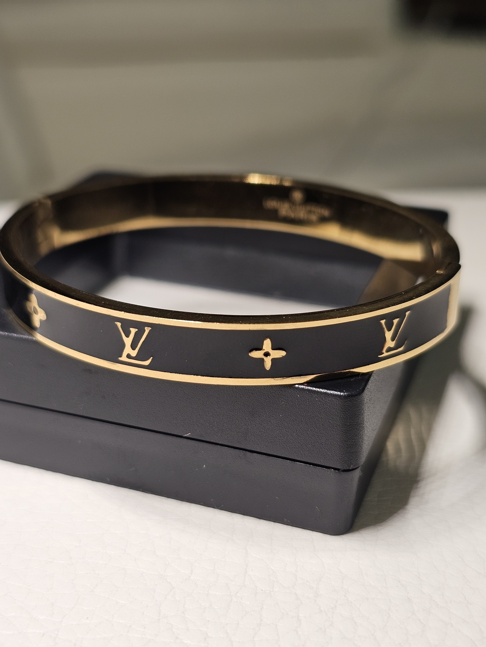 Designer Inspired Stainless Steel Black Enamel & Gold Monogram Bangle - Picture 6 of 7